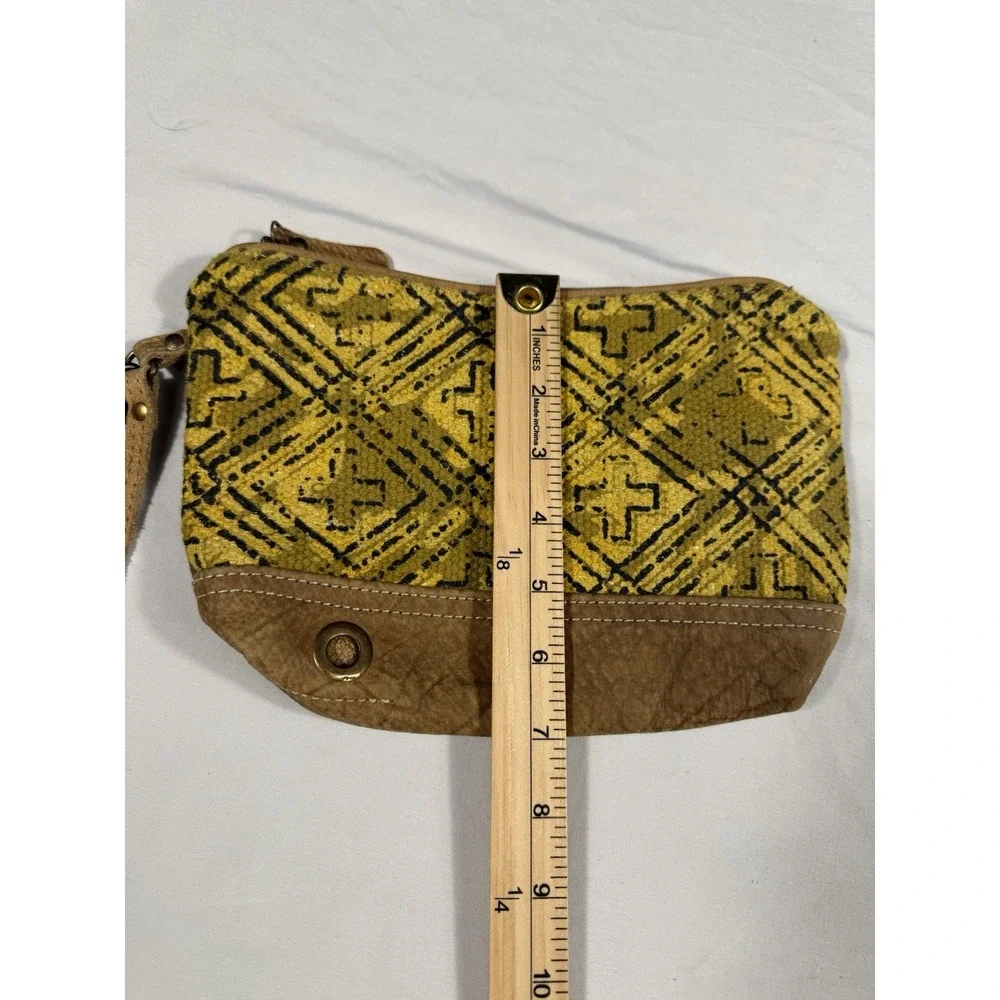 Myra Bag Leather Canvas‎ Wristlet Clutch Yellow Black Boho Geometric Pouch
